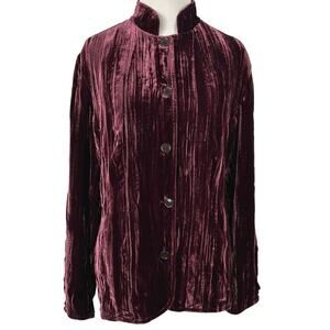 Chicos Crinkle Velvet Jacket Burgundy Button Front Holiday Evening Women M